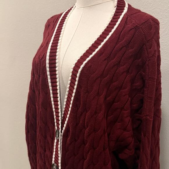 Old Navy Burgundy Cable Knit Cardigan Sweater Women Large Varsity Trim Preppy - Picture 4 of 8